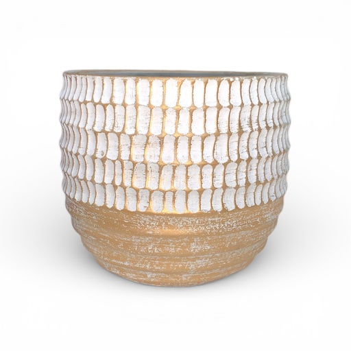 [8679813202271] MACETA DORADA DISEÑOS BLANCOS CERAMICA 14X12.5CM