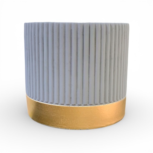 [8679813202240] MACETA BASE DORADA LINEAS GRIS GRANDE 14X12.5CM