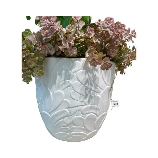 [S01463] MACETERO ROSIE DE FIBRA MINERAL COLOR BLANCO GLASEADO D:31.5XH:30.5 CM