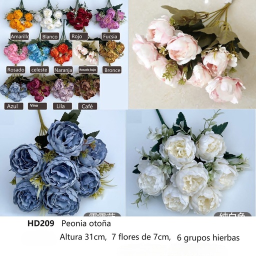 [HD209] PEONIA OTOÑA 31CM, 7 FLORES DE 7CM,