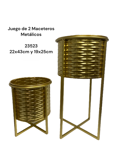 [23523] SET DE 2 MACETAS DORADOS METALICOS 22X43 Y 19X25CM