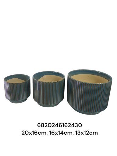 [6820246162430] SET DE 3 MACETA LINEAS TURQUEZA CERÁMICA 20X16CM, 16X14CM, 13X12CM   SC16243 