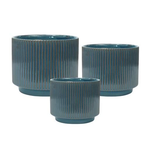 [6820246162430] SET DE 3 MACETA LINEAS TURQUEZA CERÁMICA 20X16CM, 16X14CM, 13X12CM   SC16243 