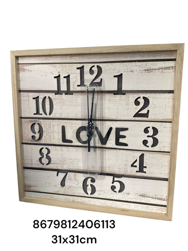 [8679812406113] RELOJ CUADRADO MADERA LOVE 31X31CM