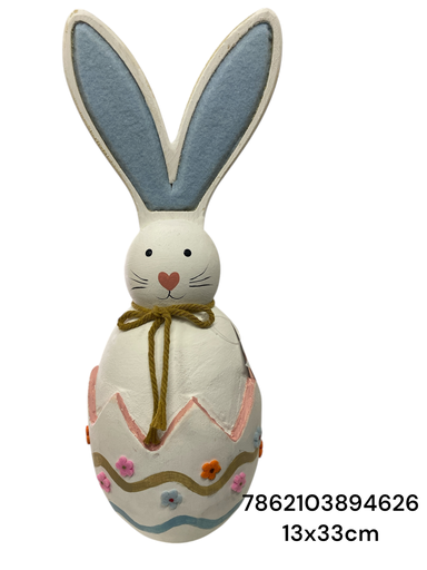 [7862103894626] CONEJO EN HUEVO CERAMICA OREJAS MADERA 13X33CM TG24063