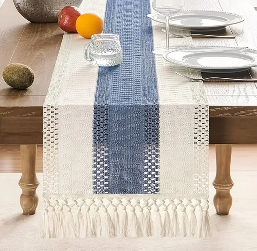 [T510153] CAMINO DE MESA BEIGE/AZUL BOHO RAYAS Y BORLAS 30X183CM