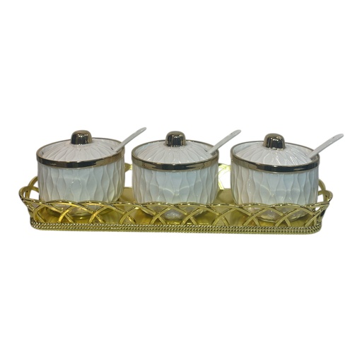 [202504020251288] SET DE CONDIMENTEROS CERAMICA 3PCS. CON BASE DORADA PVC, 31X12X10CM