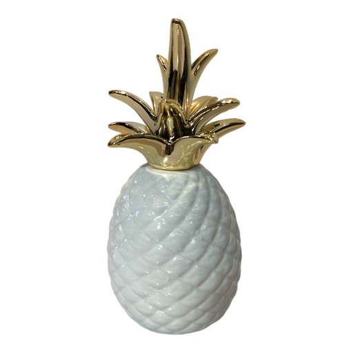 [7861211080785] PIÑA DE CERAMICA BLANCA/DORADO 9.5X18.1CM
