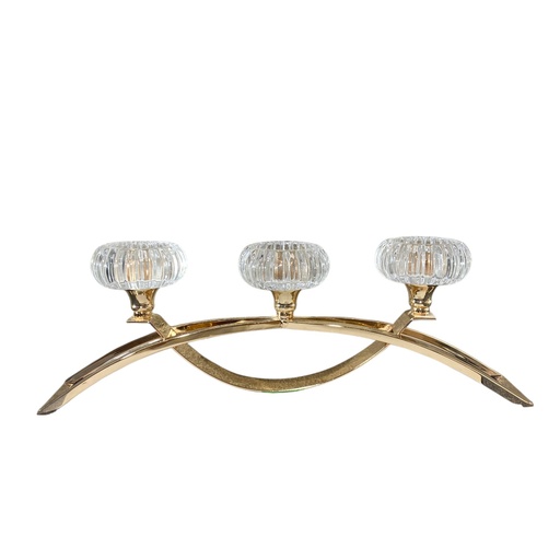 [202504020251840] CANDELABRO DORADO METAL CROMADO, CON CRISTAL DE 3 VELAS, 42X14CM