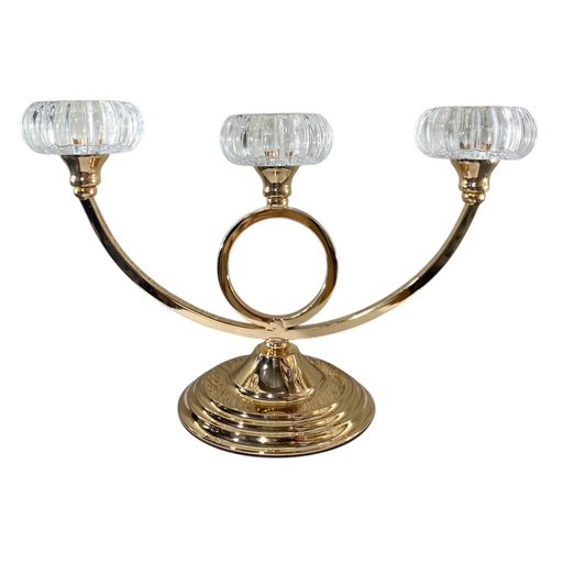 [202504020251839] CANDELABRO DORADO METAL CROMADO, CON CRISTAL DE 3 VELAS, 35X22CM