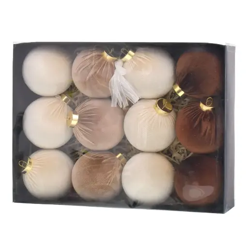 [6584599266701] ESFERA NAVIDAD 8CM BEIGE/CAFE GAMUZADAS X12PZS. REF:ES26670 32X24