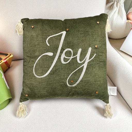 [7862140820404] COJIN NAVIDEÑO VERDE OLIVA JOY BORDADOS ESTRELLITAS CON BORLAS, 45X45 CM