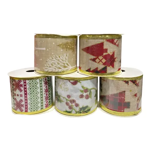 [8679816306143] CINTA NAVIDEÑA YUTE ESTAMPADO 5YRDS.