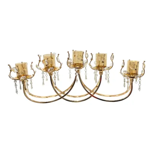 [23763] CANDELABRO DORADO X5 METAL Y VIDRIO 70X20CM