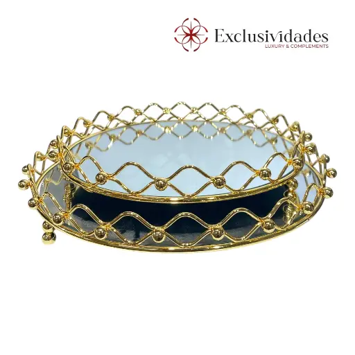 [23856] BANDEJA REDONDA DORADA METALICA BASE DE ESPEJO SETX2 25X25X5CM Y 30X30X5CM