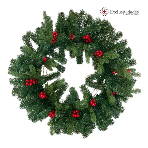 [7861204107505] CORONA NAVIDEÑA 75CM VERDE DOBLE RAMA FRUTOS ROJOS, ESTRUCTURA DE HIERRO 000