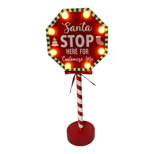 [5220255200405] LETRERO NAVIDEÑO MADERA CON LUZ LED A PILAS "SANTA STOP HERE" 15X34CM