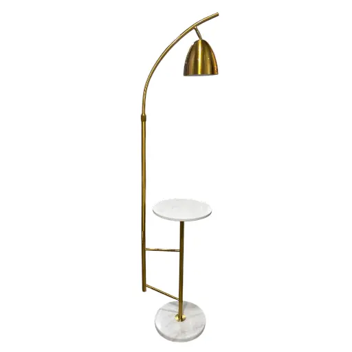 [24003] LAMPARA DE PISO DORADA CON MESA Y BASE DE MARMOL ALTO 160CM Ø29.5CM