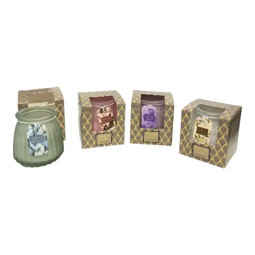 [23954] VELA PERFUMADA, SURT. 4 CON CANDELABRO DE VIDRIO 7X8CM C/U