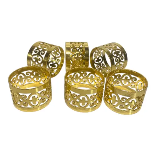 [6981606504137] ARO DE SERVILLETA METALICO DORADO CROMADO TROQUELADOS SET X 6 PZS.   