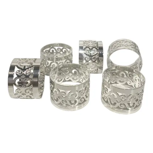 [6981606504144] ARO DE SERVILLETA METALICO PLATEADO CROMADO TROQUELADOS SET X 6 PZS.   