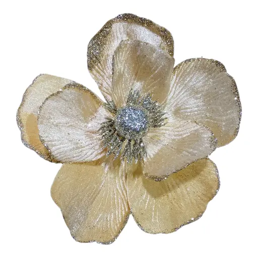 [1702335015511] FLOR NAVIDEÑA 18CM BEIGE MAGNOLIA FILO CHAMPAGNE TERCIOPELO  