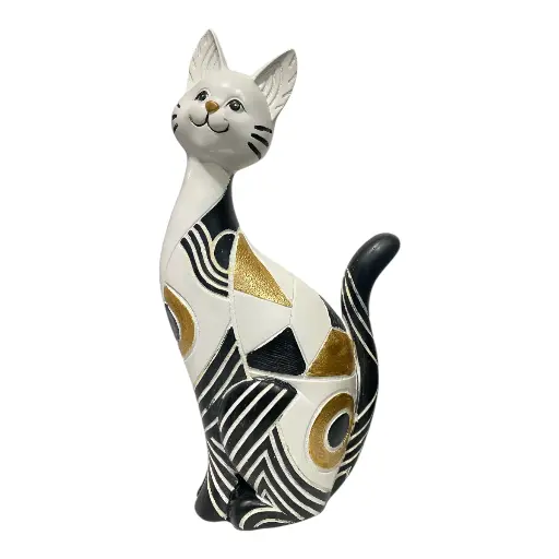 [CS8020632] GATO DECOR POLIRESINA BLANCO/NEGRO DORADO 17X8X33CM