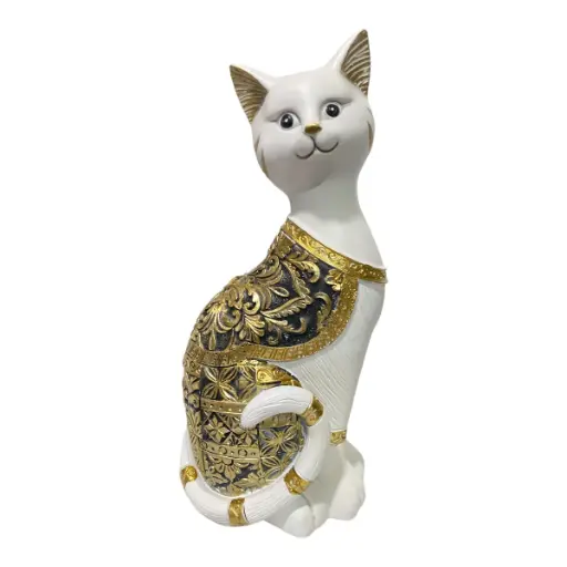 [CS8020582] GATO DECOR POLIRESINA BLANCO/NEGRO DORADO 13X9X30CM