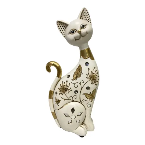 [CS8020611] GATO BEIGE/DORADO POLIRESINA 11X6X23CM