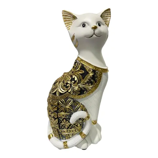 [CS8020580] GATO DECOR POLIRESINA BLANCO/NEGRO DORADO 10X8X23CM