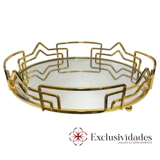 [23854M] BANDEJA DORADA METALICA CROMADA CON BASE DE ESPEJO, 32X6.7CM