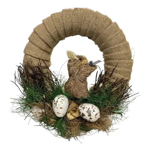 [SC15324] CORONA CONEJO DE PAJA Y YUTE 30X30X8CM