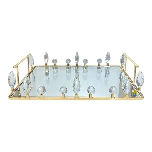 [CS8080356] BANDEJA BASE DE ESPEJO DORADA/CRISTALES 40X30X8CM