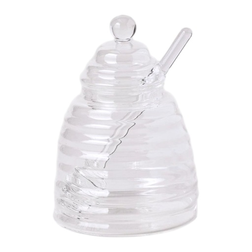 [S50399] FRASCO PARA MIEL DE VIDRIO CON TAPA Y MIELERO 14X19CM