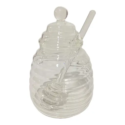 [S50399] FRASCO PARA MIEL DE VIDRIO CON TAPA Y MIELERO 14X19CM
