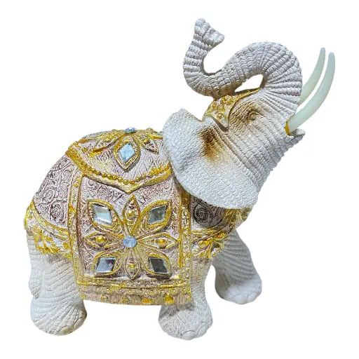 [S40363] ELEFANTE POLIRESINA CREMA/DORADO 15X7X16CM