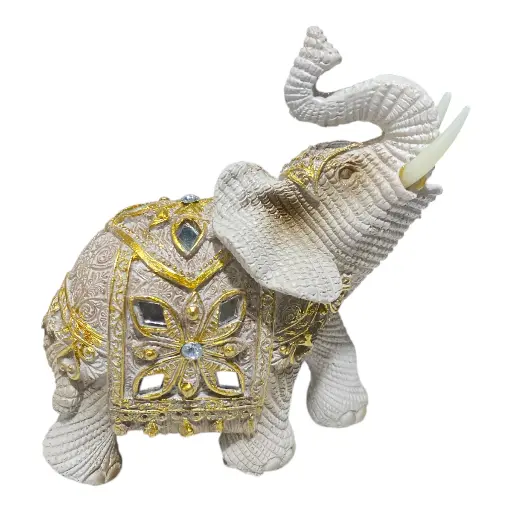[S40364] ELEFANTE POLIRESINA CREMA/DORADO 12X5X14CM