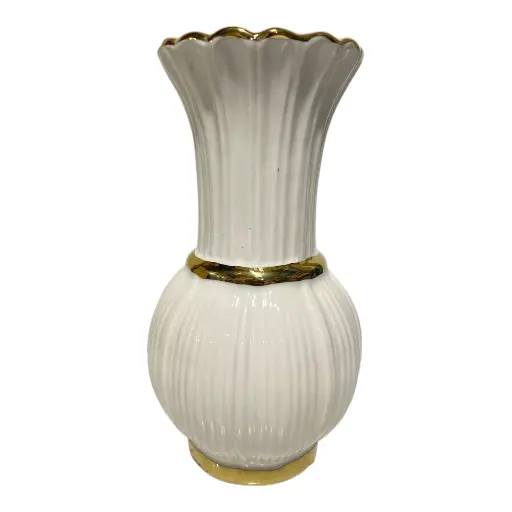 [CS25860] FLORERO DE PORCELANA BLANCO FILO DORADO 12X12X25CM
