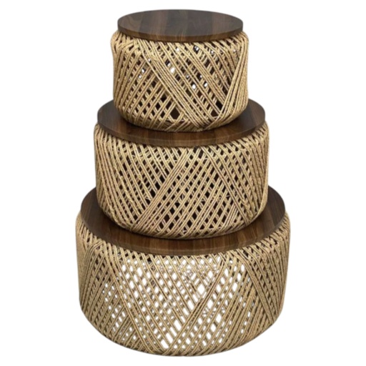 [6981606501853] SET DE 3 MESAS METALICAS TEJIDAS DE FIBRA NATURAL Y BASE MADERA REF:PT151-028 41X28CM, 55X33CM, 70X38CM