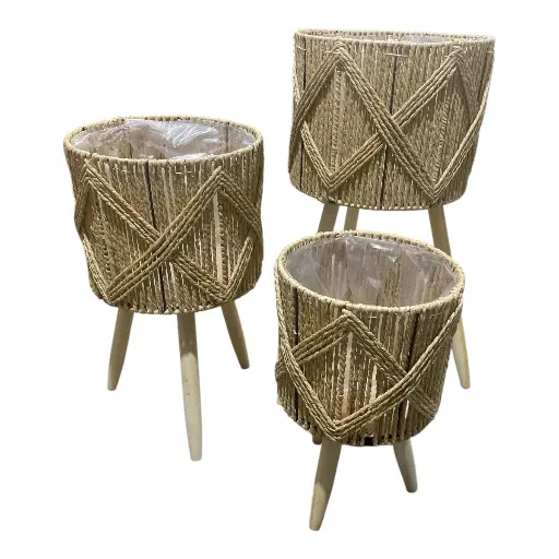 [6981606495367] MACETEROS TEJIDO NATURAL MADERA/HIERRO SETX3. 29X57, 26X45, 22X35CM