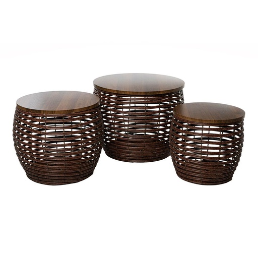 [6981606501884] SET DE 3 MESAS CAFE REDONDAS TEJIDO NATURAL, 30X30CM, 35X35CM, 45X38CM - PT151-031.