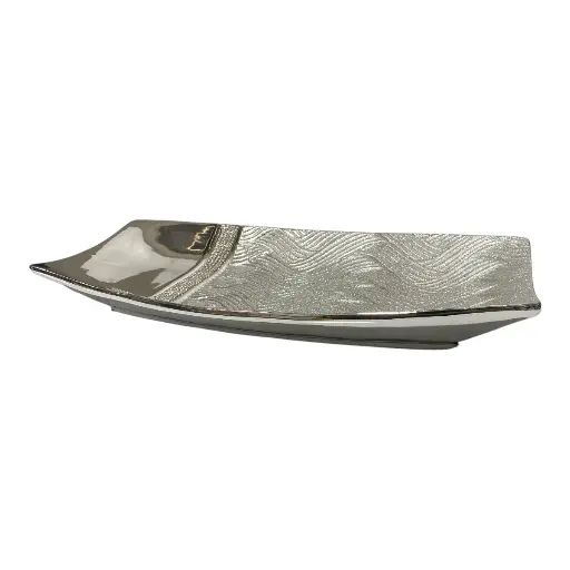 [47504013] BANDEJA CENTRO DE MESA PORCELANA PLATEADA 38X21.5X5 CM 