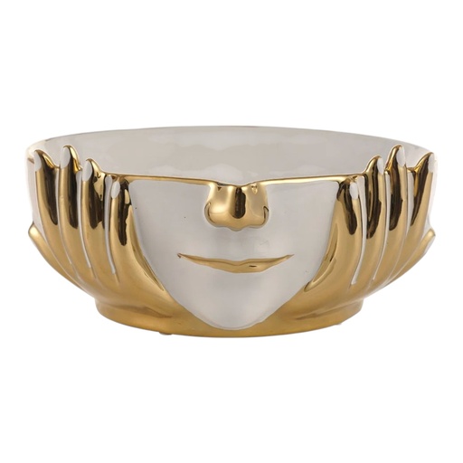 [47604003] BANDEJA CENTRO DE MESA PORCELANA DORADO/BLANCO ROSTRO 24X25X11CM