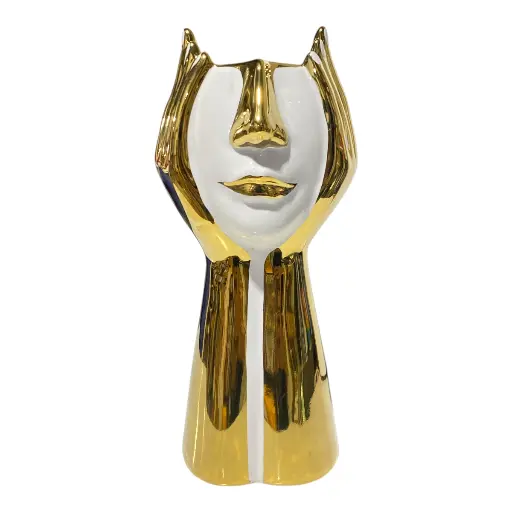 [47604004] FLORERO PORCELANA DORADO/BLANCO ROSTRO Ø14X31CM