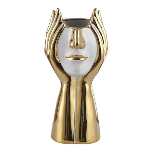 [47604004] FLORERO PORCELANA DORADO/BLANCO ROSTRO 14X31CM