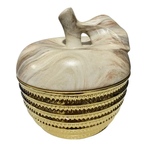 [47504007] URNA EN FORMA MANZANA DE PORCELANA MARMOLEADA/DORADO Ø19X20CM