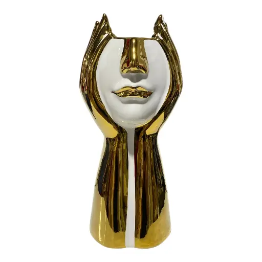 [47604005] FLORERO PORCELANA DORADO/BLANCO ROSTRO Ø19X38CM 