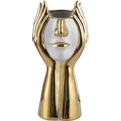 [47604005] FLORERO PORCELANA DORADO/BLANCO ROSTRO 18X39CM 