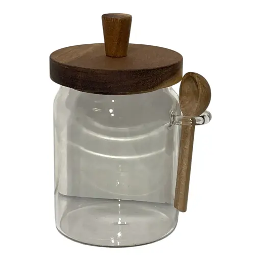 [S50978] ENVASE DE VIDRIO MEDIANO CON TAPA DE MADERA Y CUCHARA Ø9X16CM