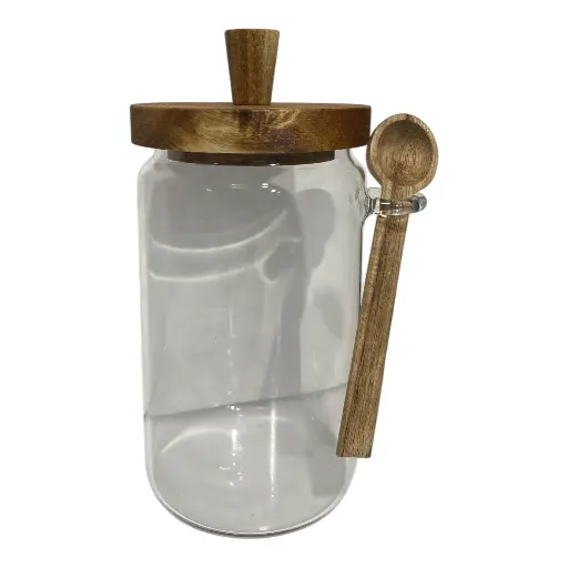 [S50979] ENVASE DE VIDRIO GRANDE CON TAPA DE MADERA Y CUCHARA Ø9X18CM  